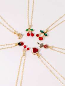 7 Stücke/Set eleganter Schmuckset mit Strass-Anhängern in Form von Kirsche, Herz, Rose, Marienkäfer, mehrschichtige Halsketten, geeignet für Frauen, Alltag, Date, Party, Urlaubsgeschenk
