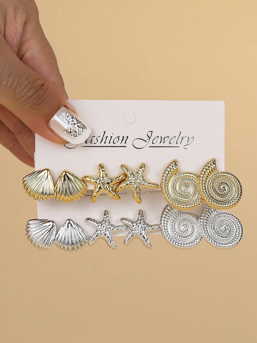 3对/6对时尚优雅简约贝壳海星海螺耳环金银海洋系列耳环套装 - 彩色 - 查看 1