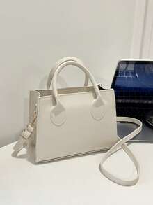 素色PU皮革托特包帶極簡風格設計適用於日常通勤,戶外運動,時尚斜挎包 - 米色 - 查看 2