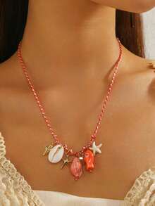 1 件编织彩色绳项链，带贝壳、海星、陶瓷鱼吊坠、海滩度假珠宝