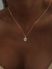 1 件 925 纯银蓝水晶海洋之星吊坠锁骨链项链女士结婚首饰 - 心形項鍊 - 查看 3