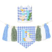 Goose 1st Birthday High Chair Banner, Goose 1st Birthday Crown, Silly Goose Decoration, Garden Party Photo Props, Goose Prince Blue Tassel Floral Wreath, Goose Smash Cake High Chair Wreath