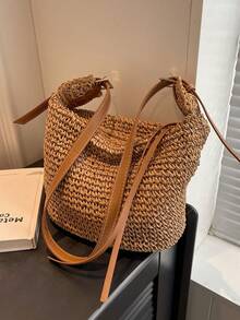 新款时尚草编大容量单肩斜挎包女士包，简约欧美风，适合度假、沙滩、旅行、购物、约会 - 卡其色 - 查看 7