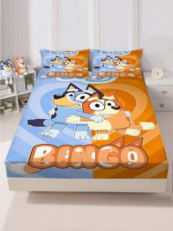 Bluey Set de ropa de cama de 3 piezas que incluye 1 sábana y 2 fundas de almohada, con patrones de Bruin y Bingo, tela de poliéster suave y duradera, lavable a máquina, excelente para decoración de dormitorio y hotel, regalo de cumpleaños ideal para usted, amigos y familia