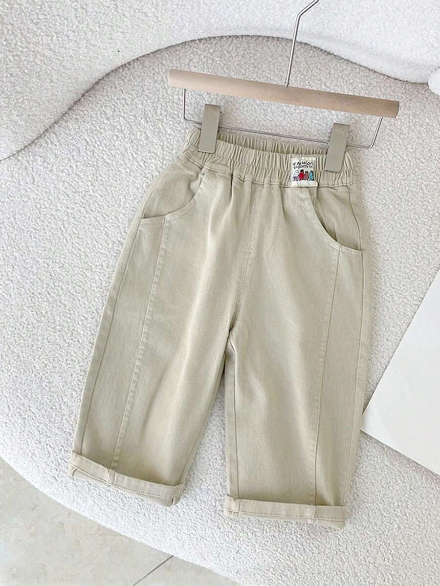 Boys' Cotton Casual Pants, Spring & Autumn Young Boy Collegiate Style Trousers, Elastic Waist, Casual Outdoor Long Pants, Machine Washable, Comfortable Casual Wear, Ideal Choice For Outings - Apricot - View 1