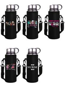 550-1500ML przenośna torba na butelkę z regulowanym paskiem na ramię Kreatywna torba na butelkę z nadrukiem pielęgniarki Trwała termiczna torba na kubek próżniowy Izolowana osłona ochronna, prezent świąteczny - Czarne - Zobacz 6