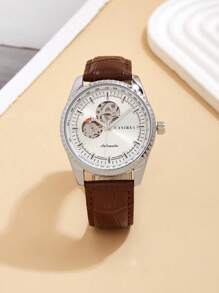 1pc Automatic Mechanical Hollow Dial Leather Strap Watch, Fashion Business Men's Gift