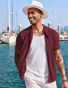 Men's Knit Shirts Short Sleeve Button Down Polo Shirt Fashion Casual Summer Beach Shirts - 酒紅色 - 查看 4