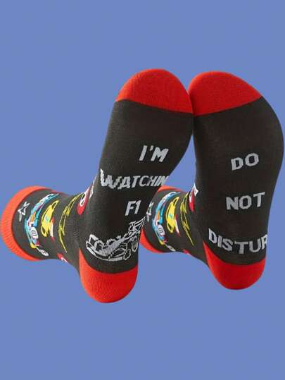 1 Pair Of Men's Mid Length Socks, Spring And Summer New Popular Cartoon , I'm Watching F1, Do Not Disturb, Socks, Suitable For Both Men And Women, Fall Socks