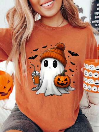 Halloween Ghost & Pumpkin Graphic Print T-Shirt, Women Casual Round Neck Short Sleeve Tee, Graphic T-Shirt Fall Clothes For Women Back To School Nightmare Before Christmas