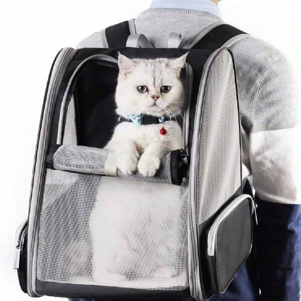 Mochila transportadora para perros/gatos, ideal para animales pequeños y cachorros, aventuras al aire libre, transporte al veterinario. Diseño completamente ventilado para máximo confort durante