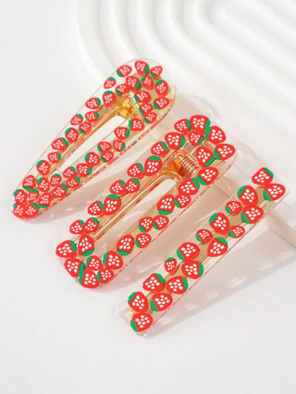 3pcs Cute And Sweet Lively Cartoon Strawberry Print Hair Clips, Claw Clips, Hair Claws, Clips For Hair, Hair Slide, Hair Barrettes