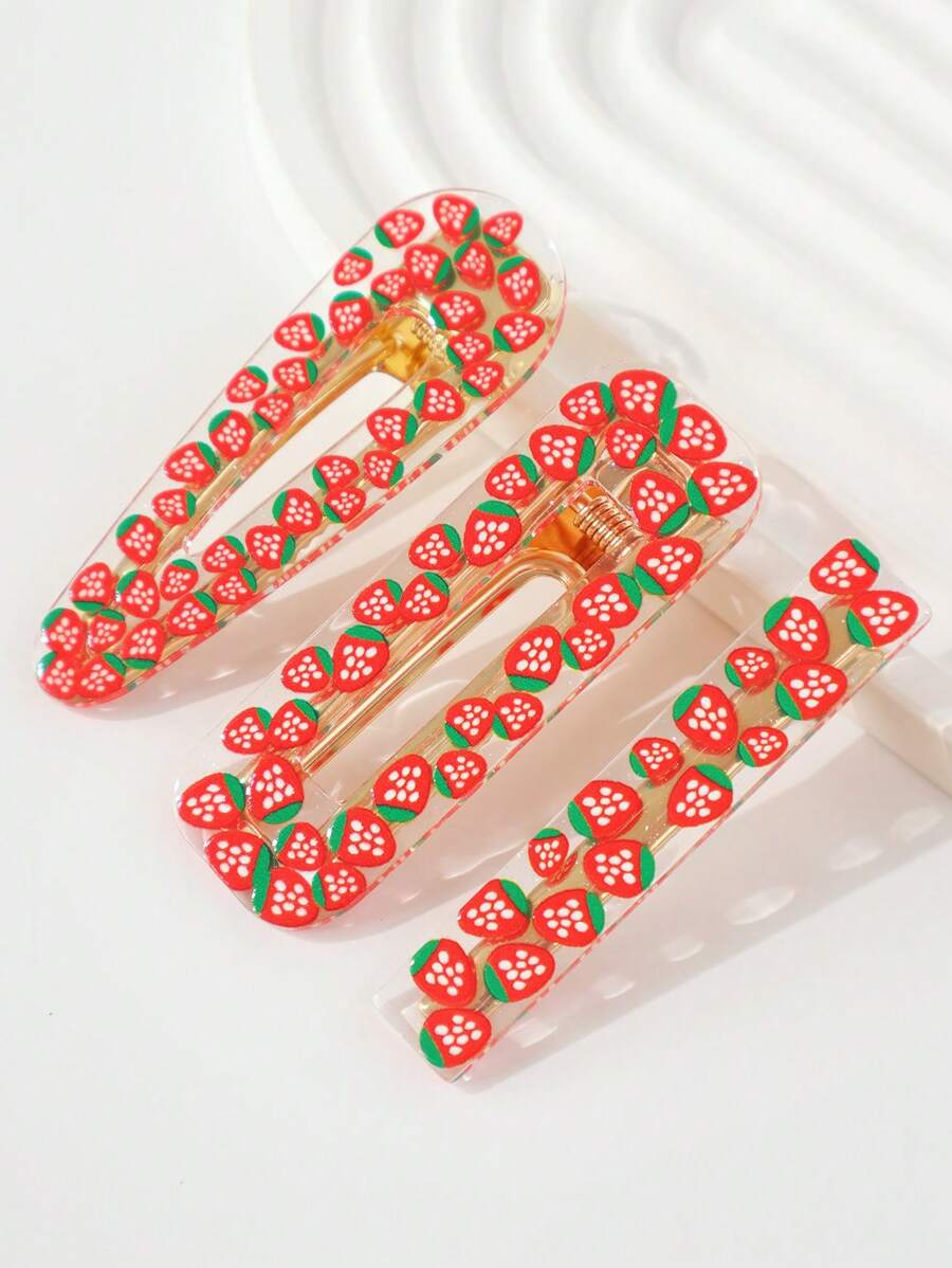 3 Peças Grampos de Cabelo Fofos e Doces com Estampa Alegre de Morango Cartoon, Grampos de Garra, Grampos de Cabelo, Grampos para Cabelo, Presilhas de Cabelo, Barras de Cabelo, Acessórios Escolares