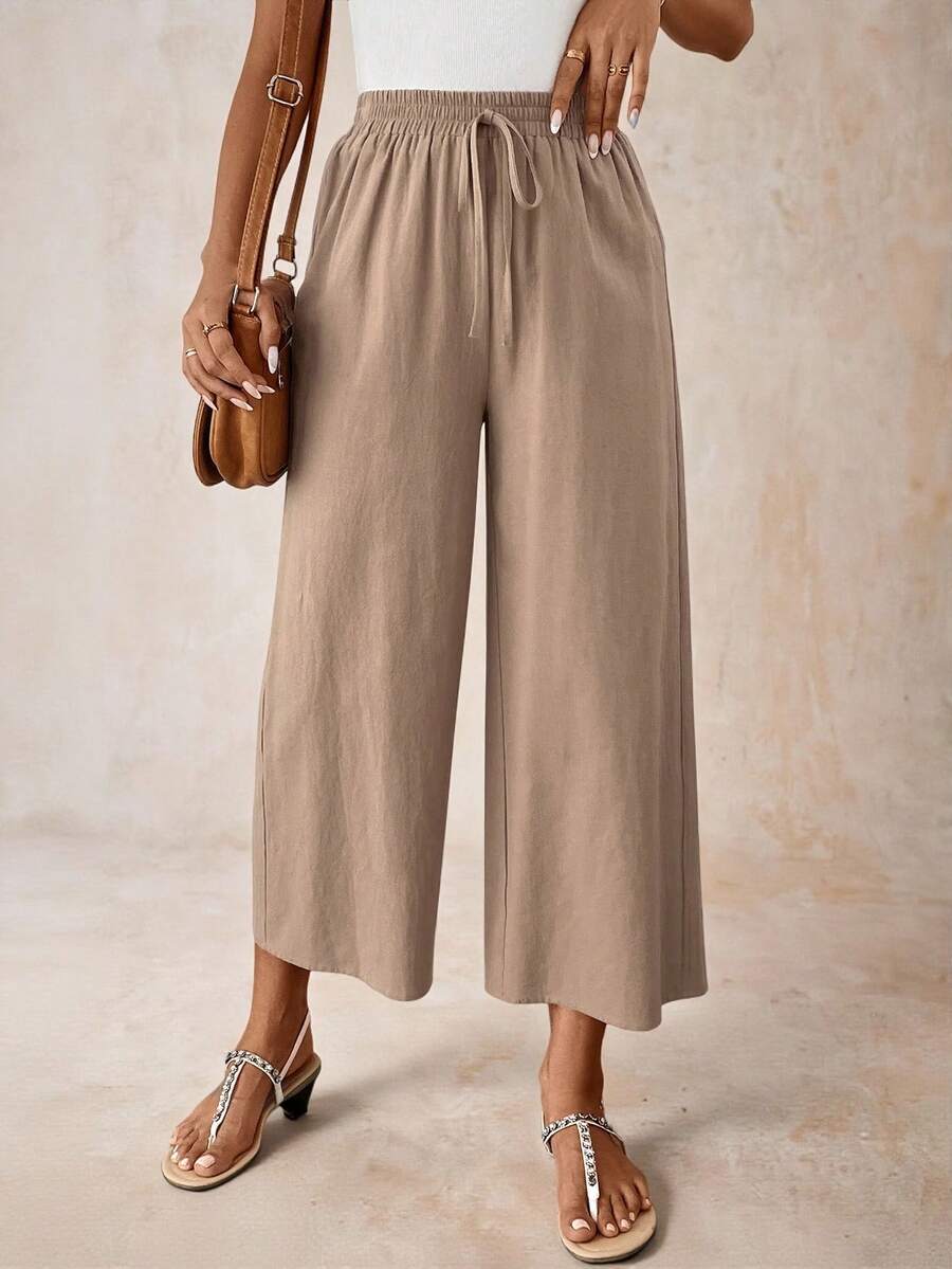 SHEIN LUNE Pantalones capri de mujer informales de mezcla de lino, color caqui, adecuados para eventos escolares y atuendos de trabajo, otoño - Caqui - Ver 1
