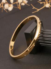 1 chiếc vòng tay thép không gỉ mạ vàng 18K đính đá Cubic Zirconia, cao cấp, thời trang, phụ kiện đa năng dành cho nữ, thích hợp đeo hàng ngày, dự tiệc, làm quà tặng cho bạn gái/vợ - Vàng - Xem 3