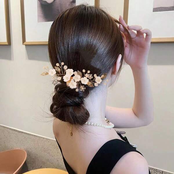 1pc Handmade Bridal Headpiece With Artificial Pearls, Rhinestones, Fake Flowers And Leaves,Vintage Inspired Hair Comb For Photoshoot