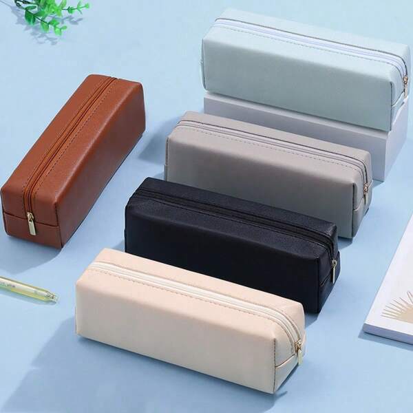 1pc Large Capacity Pencil Case PU Leather, Stationery Case Simple Small Pencil Case Beautiful Small Zipper Pencil Case, Soft Makeup Brush Travel Case Ladies Slim Pen Case, Makeup Bag