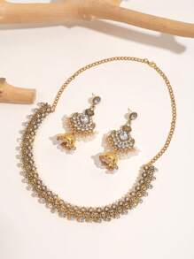 3pcs/Set Retro Faux Pearl Bead Tassel Bell Necklace & Earrings Set, Suitable For Women's Daily Wear Or Party