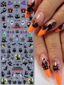 2 PIEZAS Pegatinas de uñas con relieve 5D espeluznantes para Halloween con gato negro, telaraña, murciélago, negro oscuro, decoraciones de uñas autoadhesivas tipo slider góticas Y2K para decoración de manicura en festividad de Halloween