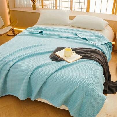 1pc 100% Cotton Gauze Blanket - Lightweight Breathable Plaid Pattern | All-Season Bedding | 40s Jacquard Weave | Machine Washable | Soft Summer Quilt (For Night Sweats) | Modern Home Decor, Minimalist Easy-Care Design