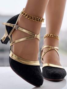 Zapatos de baile latino de D'Orsay con lentejuelas negras y doradas, tacones gruesos y medianos, con tiras cruzadas con tachuelas hechas a mano, versátiles para fiesta y boda, moda retro de otoño e invierno