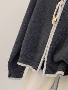 JIANHU Casual Zip Up Knit Hoodie With Contrast Trim, Relaxed Fit Fall Winter Essential