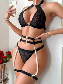 Halter Heart Ring Cutout Chain Floral Lace Sheer Garter Belt Lingerie Set 3 Piece - 黑色網眼 - 查看 3