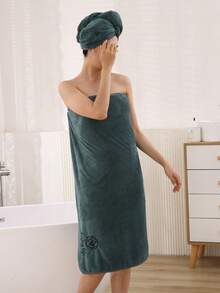 女士柔软吸水特大号浴巾（35.4英寸 x 70.9英寸）/ 浴帽（9.8英寸 x 25.6英寸） - 墨綠色刺繡2件套裝 - 查看 7