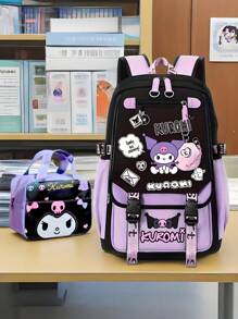 Sanrio Kuromi Anime Rucksack mit Lunch-Tasche, Nylon Laptop-Rucksack für Jungen und Mädchen, Mehrere Fächer, externer Geräteport, wasserdichtes Design, verstellbare Schultergurte, ideal für Schule, täglichen Gebrauch und Reisen, süßer Cartoon-Muster, thematische Lunch-Tasche, Reißverschluss-Verschluss, Schul-Rucksack