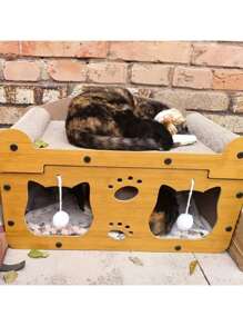 2 en 1 Casa y Rascador para Gatos, 1 Set de Cama de Madera con Rascador para Gatos, Cartón Resistente con Juguetes Colgantes, Cama Multifuncional para Gatos Adecuada para Múltiples Gatos con Zona de Descanso y Zona de Actividad, Estructura Resistente al Rayado, Fácil Montaje, Comodidad para Todas las Estaciones, Regalo Perfecto para Amantes de las Mascotas, Juguetes para Mascotas, Suministros para Mascotas