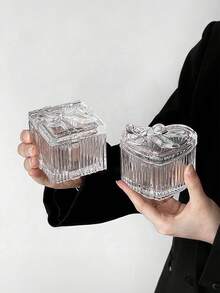 1 件蝴蝶结水晶玻璃珠宝收纳盒 - 透明盖子，优雅的多功能紧凑型收纳盒，适用于梳妆台珠宝收纳、客厅/卧室装饰、完美的礼物、假日海滩、浴室收藏、卧室收藏、大容量女士收纳整理器旅行必需品返校宿舍收纳 - 無色 - 查看 7