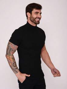 American Style Ribbed High Neck T-Shirt - 黑色 - 查看 4