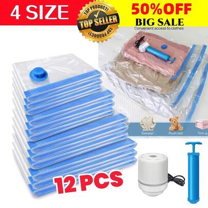 AutoFu Space Saver Bags (S,M,L,XL) 12 Pack Reusable Vacuum Storage Bags For Travel And Home, Vacuum Compression Storage Bags With Pump, Home Storage Solution