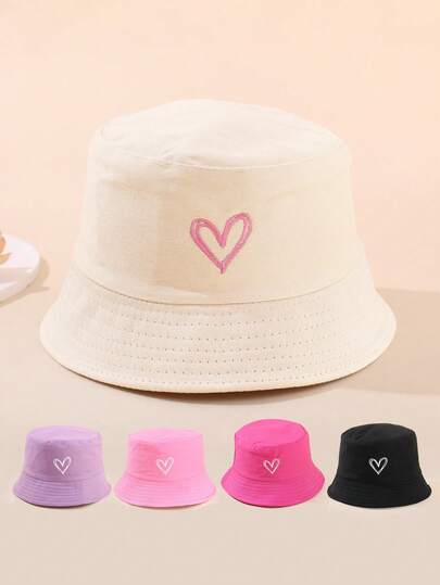 1pc Vintage Solid Color Heart Embroidery Kids Bucket Hat, Outdoor Sports Travel Sun Ion Sunscreen Bucket Hat For Boys And Girls