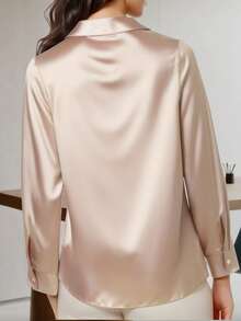 HOMEYEE 女士纯色纽扣长袖优雅职业领衬衫，适合商务穿着 - 卡其色 - 查看 3