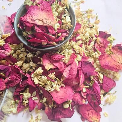 1pc 300g/200g/150g Natural Fragrance Dried Flowers Decoration, Jasmine + Rose Petals Craft Supplies, Suitable For Soap Candle Making, Preserved Flowers DIY, Festival Wedding Party Decor, Potpourri, Home Bedroom Decor, Sachet Ingredients, Bath & Shower, Closet, Kitchen, Fresh Air, Dried Red Rose Petals For Foot Bath, Full Body Spa, DIY Crafts