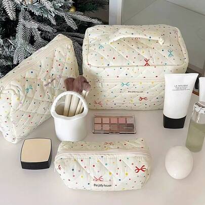 1pc Polka Dot Cartoon Bow Print Women's Cosmetic Bag, Portable Multi-Functional Travel Cosmetics Storage Bag, Compartment Beauty Storage Bag, Travel Toilet Bag, For Eyeshadow Disc, Foundation, Eye Cream, Mask, Loose Powder And Toiletries, Suitable For Party Vacation, Wedding Makeup Use