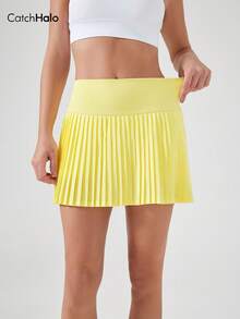 女士纯色高腰百褶网球裙，亮黄色，内置口袋，四向弹力腰带，防蹲运动裙，适合健身、跑步、羽毛球等日常穿着。