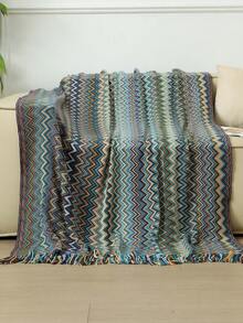 1 件卡其色针织毯，带流苏的休闲盖毯，适合午睡、沙发、客厅椅子、秋季装饰、秋季装饰、房间装饰 - 波西米亞藍色 - 查看 2