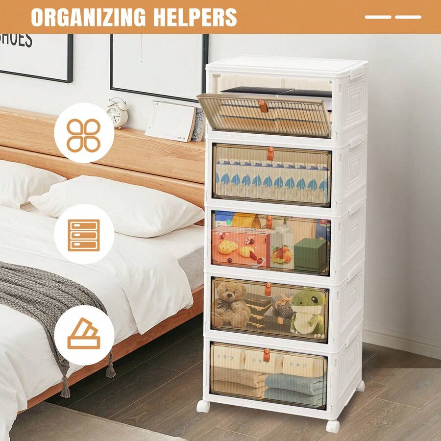 VickyHome 5-Tier Stackable Plastic Storage Boxes With Lids,23L Folding Wardrobe Storage Organiser,Large Plastic Storage Drawers With Wheels - White - View 1