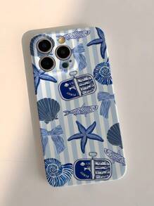 1 pieza Funda dura de teléfono con perforaciones brillantes y diseño divertido de pez a rayas, estrella de mar, concha, moño y eslogan de lata de pez, compatible con iPhone 11/12/13/14/15/16 Pro Max