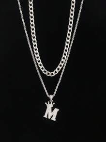 Set da 2 collane multistrato con pendente a forma di corona con iniziale impreziosita da strass, catena intrecciata, personalizzabile con nome da A a Z