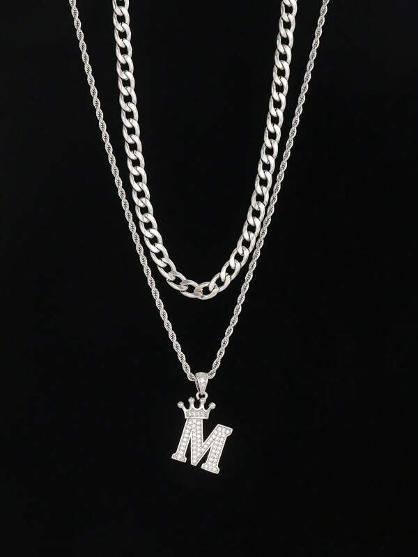 Set da 2 collane multistrato con pendente a forma di corona con iniziale impreziosita da strass, catena intrecciata, personalizzabile con nome da A a Z