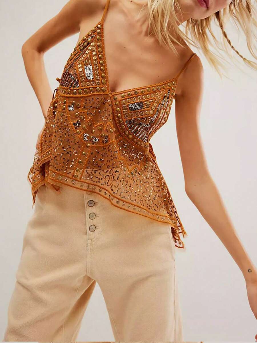 Women Semi See Through Sparkly Tank Top Sleeveless V Neck Floral Sequin Camisole Dance Rave Outfits - Turmeric - View 1