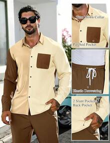 Mens 2 Piece Color Block Outfits Casual Long Sleeve Color Block Shirts And Pants Matching Set Sweatsuit-2025 - 棕色 - 查看 11
