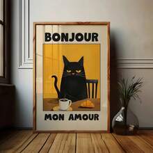 1 Black Cat Eating Breakfast "Bonjour Mon Amour" Canvas Printed Posters, Modern Wall Arts Decoration Painting Used For Coffee Shops, Homes, Bedrooms, Living Rooms, Kitchens, Bathrooms, Offices, Home Decoration, Decorating Houses, Hanging Decorations - Multicolor - View 1