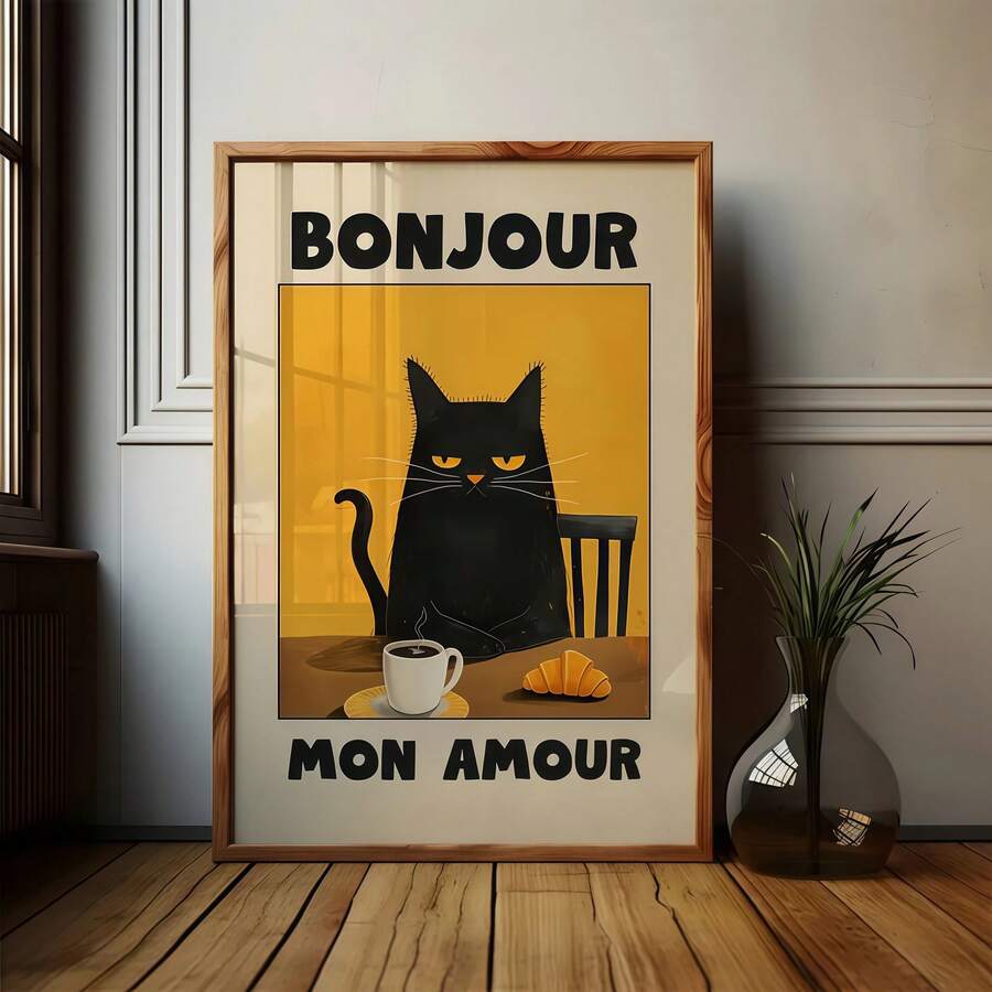 1 Black Cat Eating Breakfast "Bonjour Mon Amour" Canvas Printed Posters, Modern Wall Arts Decoration Painting Used For Coffee Shops, Homes, Bedrooms, Living Rooms, Kitchens, Bathrooms, Offices, Home Decoration, Decorating Houses, Hanging Decorations - Multicolor - View 1