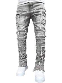 Stacked Jeans Men Ripped Jeans Pants Y2K Goth Harajuku Emo Jeans Trouser - 灰色 - 查看 1