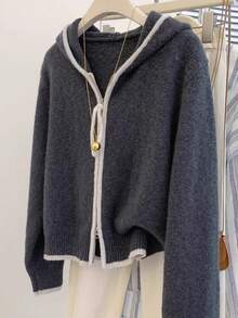 JIANHU Casual Zip Up Knit Hoodie With Contrast Trim, Relaxed Fit Fall Winter Essential
