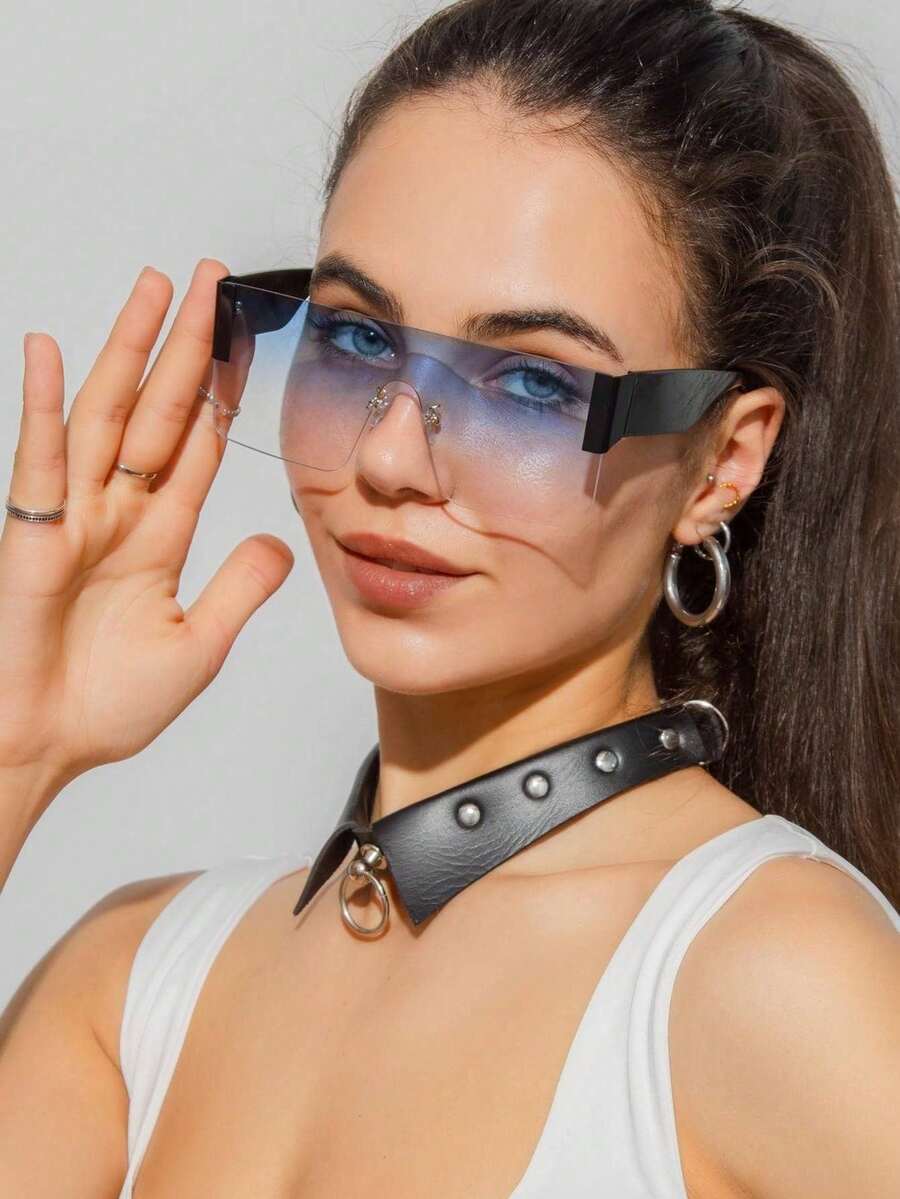 1pc Women Classic Simple Popular Frameless Square Big Frame European And American Modern Retro Pluz Size Wide Leg Steam Punk Style European And American Street Fashion High-End Party Elegant Fashion Glasses Preppy Style For Back To School Shield Shape Shield Shape Shades - Multicolor - View 1